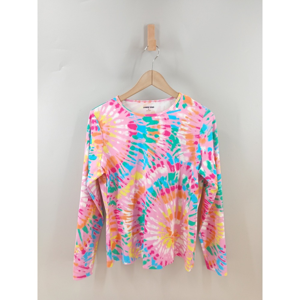 Lands' End Rash Guard Kids M 10-12 Pink Blue Tie Dye Long Sleeve Swim Top